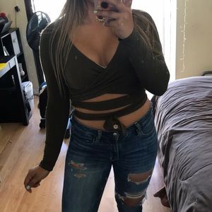 Olive green tie up crop